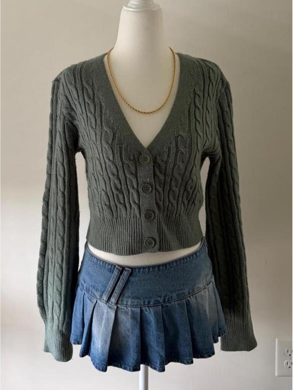 UK2LA Sage Green Cable Knit Cropped Cardigan Y2K Vintage
